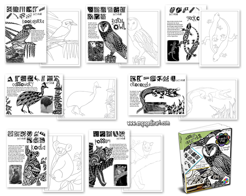 selection of pages, tangle me aussie animals, zentangle-inspired animals, zentangle animals, zentangle books for kids, zentangle lesson plans for teachers, zentangle printables, zentangle printables for teachers, zentangle printables for kids, engaged in art, online art classes, online art classes for kids