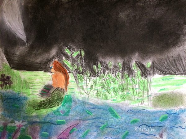 Mermaid in the Lily Pads by Kaitlyn, fantasy art workshop for kids, art classes for kids, art classes for kids in redlands, art classes for kids brisbane, engaged in art, engaged in art classes for kids